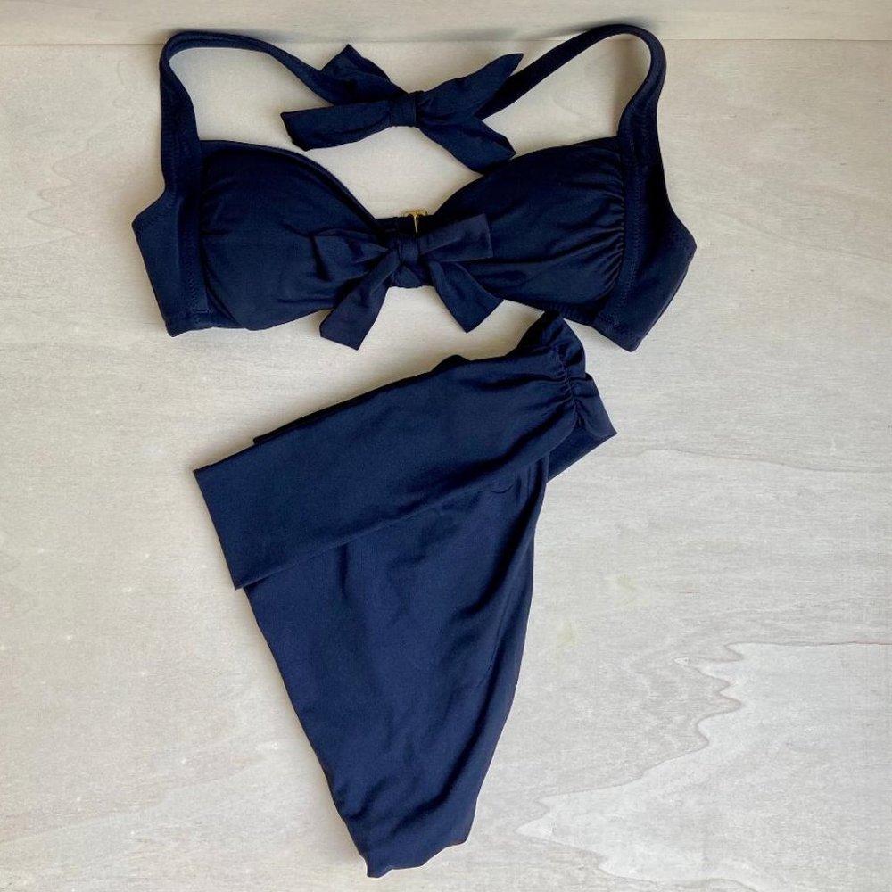 J. Crew Halter Navy Blue Swim Top & Ruched Bottom